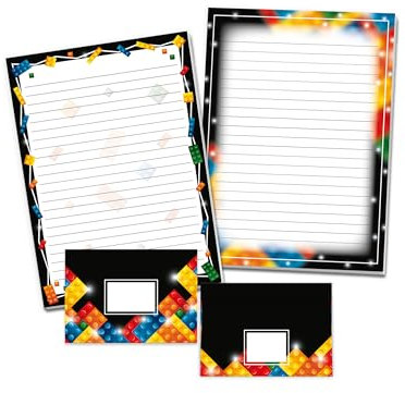 Briefpapier-Set mit 2 Schreibblöcken und 25 Umschlägen für Kinder Bauklötze schwarz bunt (1 Block schwarz und 1 Block bunt A4 mit je 25 Blättern + 25 Briefumschläge)