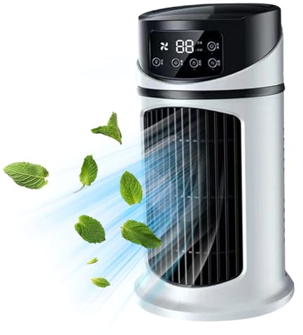 Small Tower Fan 9.5'' Tall Personal Air Conditioners 6 Speeds Portable AC with 300ML Water Tank 6H Timer Bladeless Fan Quiet Misting Fan