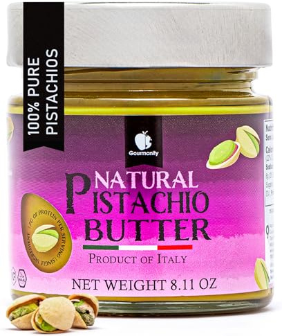 Gourmanity Pure Italian Pistachio Butter Spread, 100% Nut Deliciousness, Gourmet Pistachio Paste For Sweet And Savory Dishes, No Added Sugar, GF, Vegan, Keto and Paleo Friendly, Kosher And Halal Certified, 8.1oz Jar