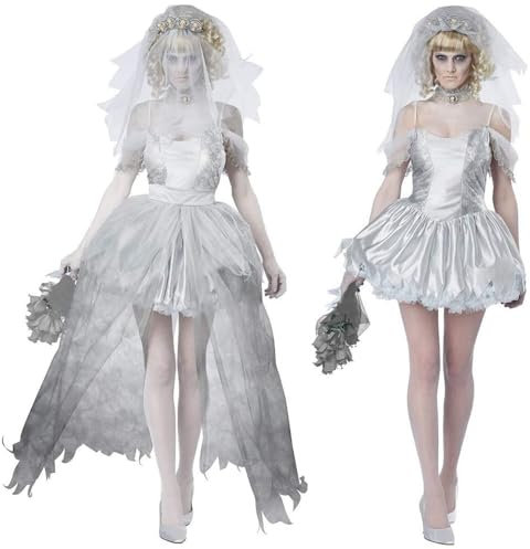 LIUWAZJ Zombie Bride Costume - White Dress, Veil and Lace Choker for Halloween Fancy Dress - Gothic Ghost Devil Vampire Cosplay Outfit (M)