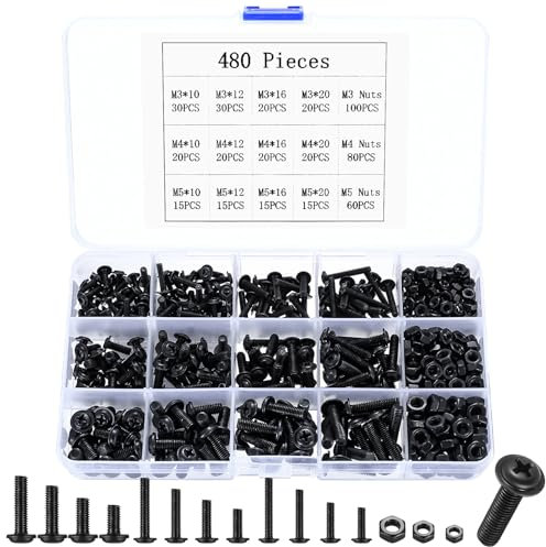 480 Pz M3 M4 M5 Set di Viti Bulloni e Dadi, Bulloni Viti a Testa a Croce e Dadi, Kit di Assortimento di Viti a Testa Piatta con Rondella e Testa Croce, Viti a Macchina, Nera