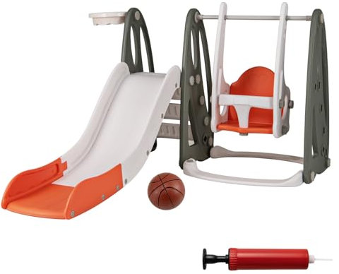DREAMADE Toboggan Enfants 4 en 1 pour 18+ Mois, Balançoire et Toboggan d'Intérieur Charge Max. 30 KG, Aire de Jeu avec Escalier, Balançoire Réglable en Hauteur, Panier de Basket (Vert&Orange)