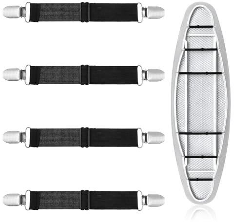 Mabor 4 Pcs Bed Sheet Clips, Adjustable Ironing Board Cover Clips Pad Braces Fasteners Mini Suspenders Keep Cover Flat and Secure Tention Clips, Black