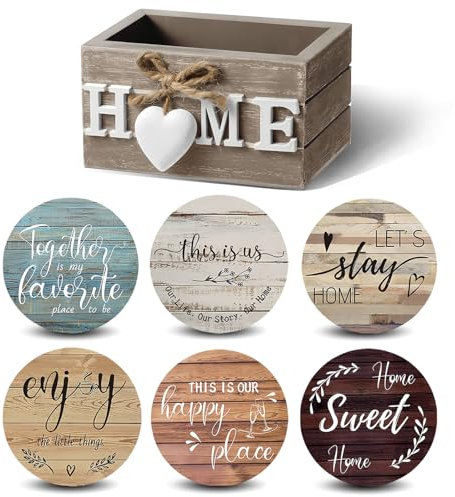 Housewarming Gifts for Home Decoration Wooden Coasters for Drinks Set of 6 Farmhouse Color with Holder, Coasters for Drinks, Suitable for Types of Cups, table decor (brown)