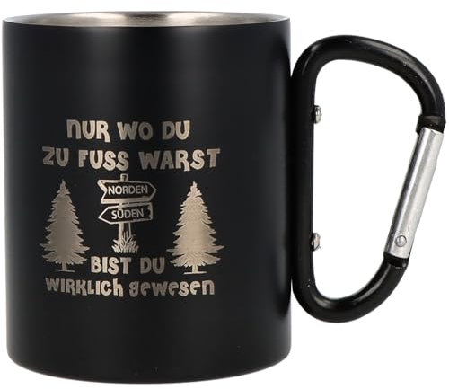 Spruchreif | Edelstahltasse mit Karabinerhaken Henkel mit Gravur Ich werde nicht aufgeben in Schwarz Matt | Geschenk Wandern | Wander Geschenke