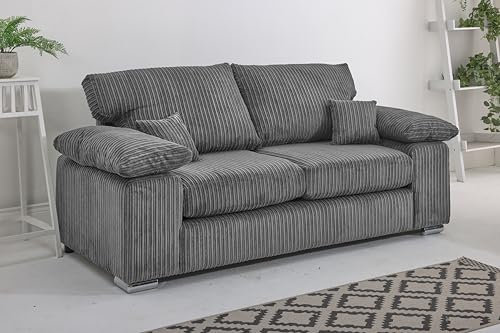 Oxford Grey Jumbo Cord Sofa | Foam-Filled Cushions & Chrome Feet | Comfortable Padded Design | 2 Seater, 3 Seater, 3+2 Seater, Corner Sofa Set – Soft Fabric Couch for Living Room(Grey, 3 Seater)