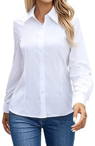 Women's Blouses Shirts Button Down Shirt Long Sleeve Dress Shirts White Ladies Basic Blouse Tops for Work Office Business (UK, Alpha, L, Regular, Regular, White)