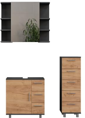 Vicco Badmöbel-Set Ilias, Anthrazit/Goldkraft Eiche 60.2 cm | besteht aus Waschbeckenunterschrank, Spiegelschrank und Midischrank