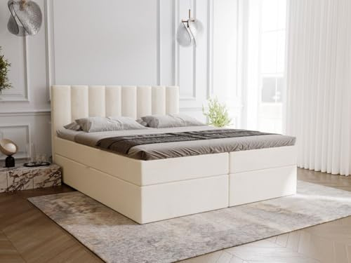 GRAINGOLD Mocca Bett 140x200, Boxspringbett mit Bettkasten, Polsterbett mit Bonell-Matratze, Samt Stoff, mit Topper, mit Kopfteil (Beige, 140x200)