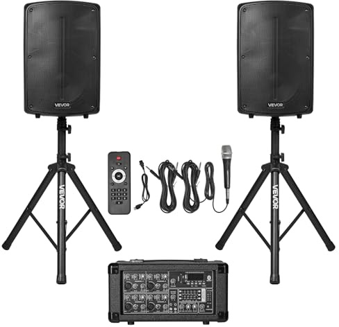 VEVOR Portable PA System with Wireless Microphone & Speakers, 800W Bluetooth PA System, 6-Channel Mixer, Dual 10 Speakers, USB/SD/XLR Inputs, Remote, Stands - for DJs,Events, Fitness, Indoor/Outdoor