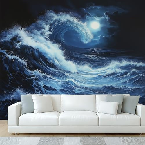 NOGAWA Papier Peint Motif Lune Océan, 3D Panoramique Papier Peint Paysage Marin, Papier Mural Decoratif Pour Salon, Chambre, Tapisserie Murales, Décoration Murale 150x105cm