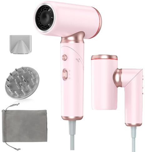 Dual Voltage Hair Dryer Travel Europe Foldable, High Speed Ionic Blow Dryer Fast Drying,100-240V Portable Dryers with Magnetic Nozzles,1300W, Pink