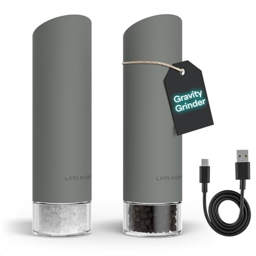 LARS NYSØM Macina Sale e Pepe Elettrica Gravity - Set di Macinini Automatici Ricaricabili USB-C, Macinatura Regolabile, Utilizzo con una Mano per Cucina (Ash Gray)