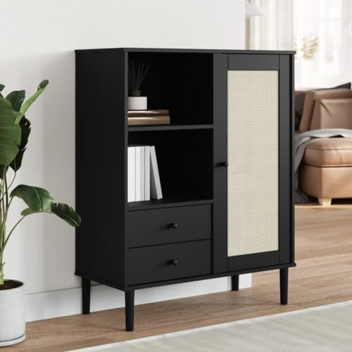 WRJENFSC SENJA Highboard 90x40x112 cm Schwarz aus massivem Kiefernholz mit Rattan-Optik Türfront UV-Lack Modernes Sideboard mit viel Stauraum für Wohnzimmer Flur Küche
