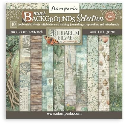 Stamperia - Scrapbook Paper Pad for Scrapbooks, Albums, Cards, Bullet Journals and More, Acid Free, Double-Sided, Perfect for Craft and Gifting (Herbarium Silvae Background Selection) (30.5 x 30.5cm)