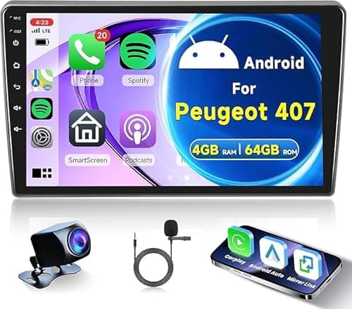 Radio 2 DIN 9 Pulgadas para Peugeot 407 2004-2008 con Carplay Android Auto Pantalla TáCtil para Coche Autoradio Bluetooth Navegación GPS FM/RDS WiFi SWC AHD Android 15 4+64G