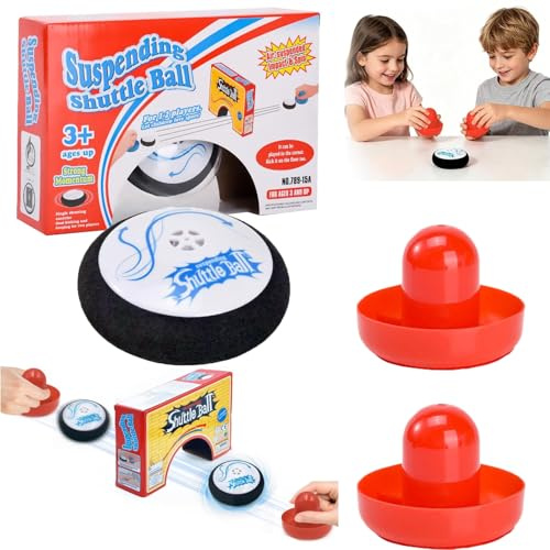 Air Hockey Hover Puck mit 2 Roten Schlägern, Tragbares Airhockey-Set für Kinder und Erwachsene, Portable Air Hockey Schwebender Puck als Tischspiel für Drinnen und Draußen