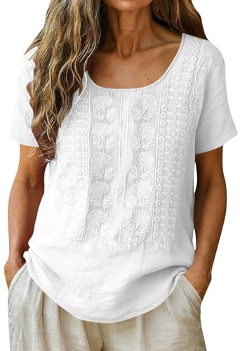 Women's Cotton Linen Blouses Short Sleeve Crewneck Embroidered Tops Summer Casual Lightweight Comfy Loose Fit Holiday Beach Shirt