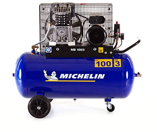 Michelin Compressore d'Aria MB100/3, Compressore Aria 100 Litri, Doppio Manometro, Pressione Massima 10 Bar, Lubrificato ad Olio, Ruote per Trasporto, Potenza 3 CV
