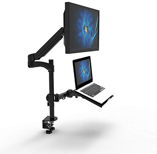 Allcam Compact Workstation w/Gas Spring Monitor Arm & Laptop Tray, Desk Clamp & Grommet Mount - in Black