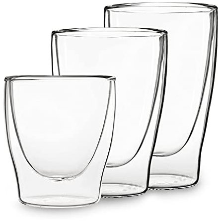 DUOS® Jumbo 6er Set Latte Macchiato Doppelwandige Gläser - 2x 80ml + 2x 310ml + 2x 410ml + 6x Löffel, Kaffeegläser für Cappuccino & Latte Macchiato