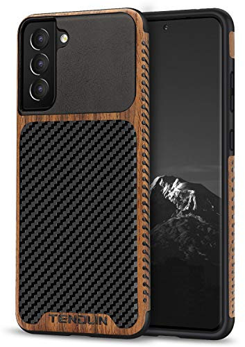 TENDLIN Kompatibel mit Samsung Galaxy S21 Plus Hülle Holz und Carbon Textur Design Leder Hybrid Handyhülle (Schwarz)