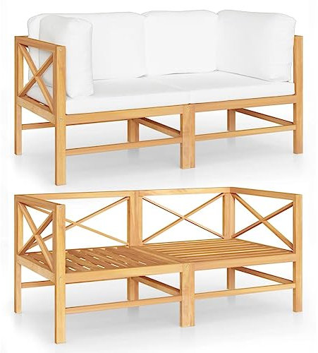 vidaXL Teak Massiv Gartensofa 2-Sitzer mit Creme Kissen Ecksofa Sofa Lounge Garten Garnitur Sitzgruppe Sitzgarnitur Gartenset Gartenmöbel