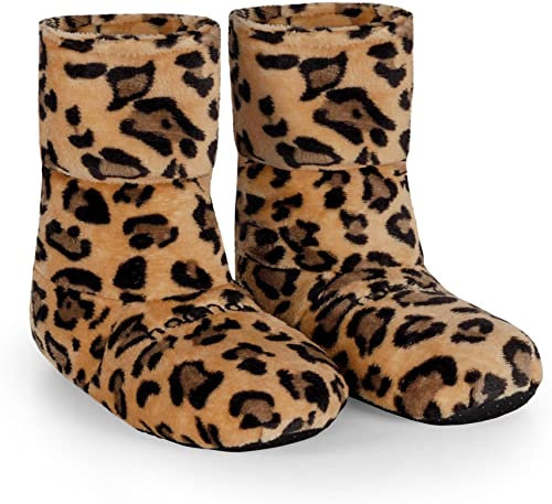normani® Körnerpantoffeln - Hausschuhe für die Mikrowelle - Hausstiefel mit Leinsamenfüllung - extra hoher Schaft Farbe Leopard Größe L=41/45