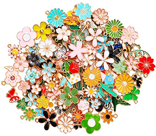MARFOREVER Emaille Charm Anhänger, 120 Stück Anhänger für Armbänder Emaille Blumen Anhänger Bulk Anhänger Basteln Mixed Charms Schmuckanhänger zum Basteln für Armband Ohrringe Halskette