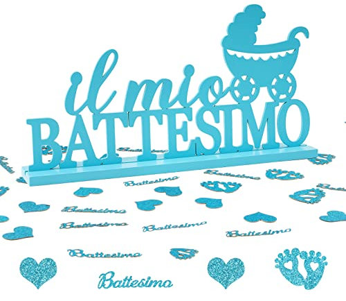 Decorazione Battesimo Bambini Centrotavolo Scritta Il Mio Battesimo Legno 60pz Coriandoli Carta Glitter Blu Decorazione Tavolo Festa Bomboniere Confetti Nascita Battesimo Baby Shower