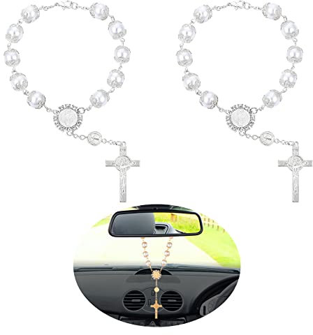 Cobee Auto Rosenkranz für Rückspiegel, 2 Stück Autospiegel zum Aufhängen, Kreuz Auto Rosenkranz Rückspiegel Anhänger Auto Hängezubehör Innendekoration für Damen und Herren (Weiß)