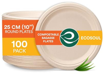 ECO SOUL 100% Kompostierbare 25 cm Pappteller – 100 Stück | Biologisch abbaubare Bagasse Teller | Umweltfreundlich, Stabil & Schwer belastbar | Mikrowellen- & Ofenfest