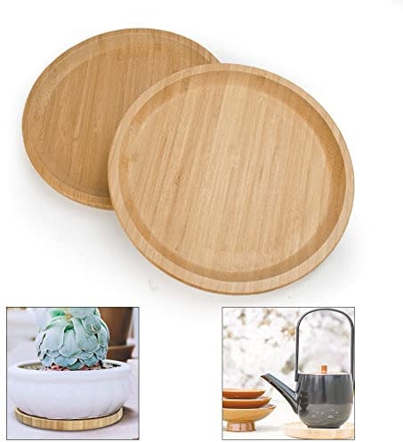 KBNIAN 2 Pezzi Vassoi Rotondi in bambù per Piante, Sottovaso per Piante e Vasi 20 cm Piattino per Vasi per Piante in bambù per La Maggior Parte dei Vasi da Fiori, Tavolino da Cucina