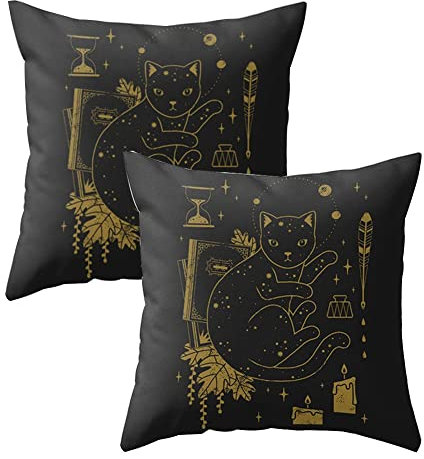 2er-Set Dekokissen Kissenbezüge 45x45 cm, Schwarze Katze, magische Kerze, Sanduhr, Couch-Wurf, Taille, quadratischer Kissenbezug, Kissenbezug für Zuhause, Auto, dekorativ, Baumwollleinen