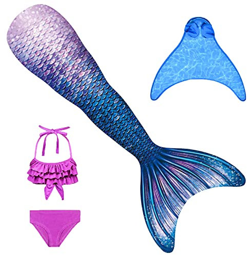 BAWADE Meerjungfrauenflosse Mädchen Meerjungfrau Flosse mit Monoflosse und Bikini Set für Kinder, 4 Stück Set