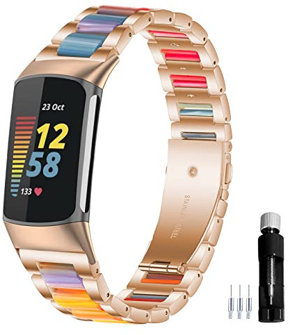 Gheper Bracelet de Montre en Acier Inoxydable Résine Compatible avec Fitbit Charge 6 / Charge 5 Smartwatch Bracelets Bracelet en Métal de Remplacement pour Femmes Hommes