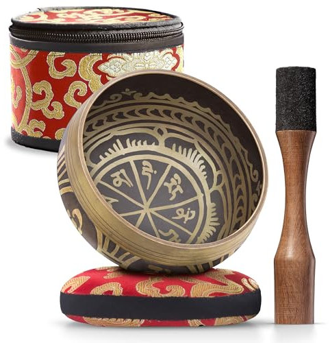 Conjunto de Cuenco Tibetano: Fácil de Tocar - Doble Batidor - Para la Sanación Holística, Alivio del Estrés, Meditación y Relajación - Cuenco de Color Marrón Claro Antiguo con Bolsa