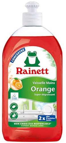 RAINETT - Liquide Vaisselle Mains à l'Orange - Formule Concentrée Super-Dégraissante - Testé Dermatologiquement - Flacon Recyclé & Recyclable - Ecolabel - Format Compact - 500 ml