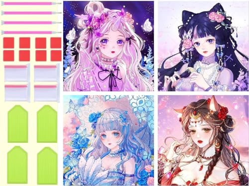 Diamond Painting Anime-Schönheit Diamant Painting Bilder 4 Stück 80x80cm, DIY 5D Diamond Painting Erwachsene Kinder Voll Rund Diamant Malere Wohnzimmer Deko Aesthetic, Geschenke für Mama T-3138