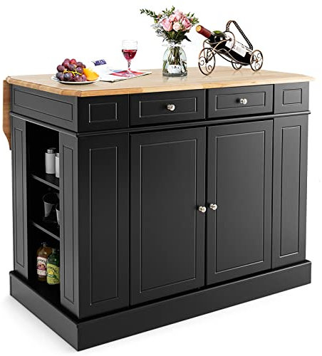 GOPLUS Kücheninsel mit erweiterbarer Arbeitsfläche, Küchenschrank aus Holz mit Schubladen und Regalen, Sideboard für Küche & Esszimmer, 120 x 60/90 x 92cm (Schwarz)
