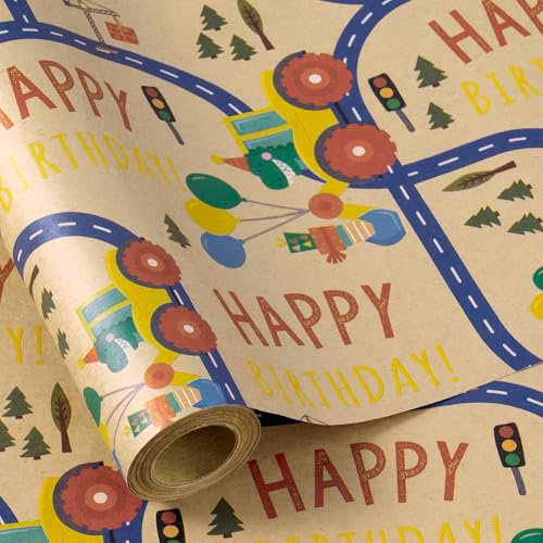 RUSPEPA Geschenkpapierrolle für Geburtstage – 43,2 cm x 5 m – Monstertruck- und DinosaurierDesign auf strapazierfähigem Kraftpapier – Helle Farben für Kindergeburtstage