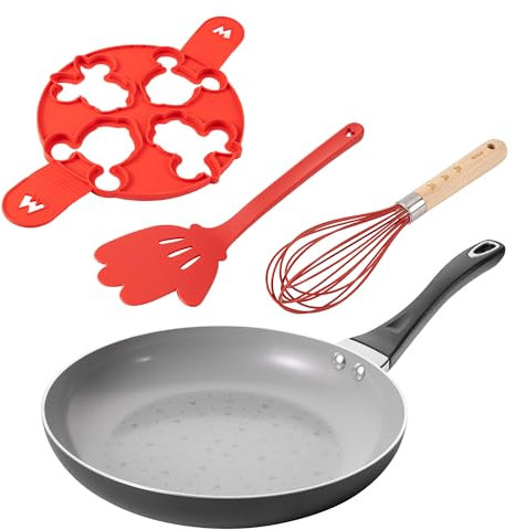PRESTIGE Disney Ceramic Non Stick Frying Pan & Utensil Set, Pancake Turner/Large Multi Pancake Mould / 28cm Monochrome Frypan (15420) / Balloon Whisk Small