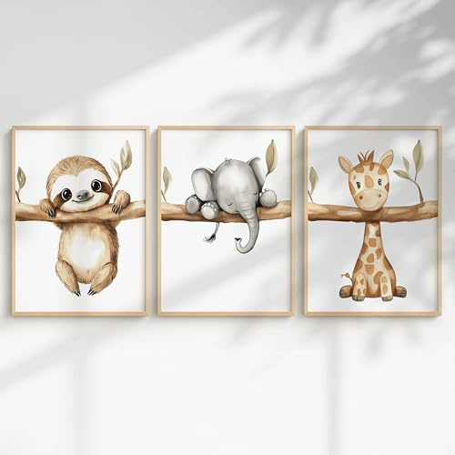 Generisch 3er Dschungel Poster-Set fürs Babyzimmer A4 A3 - Bilder Safaritiere: Elefant Faultier, Nilpferd, Giraffe, Löwe, Zebra, Panda fürs Kinderzimmer (Safari Faultier, DIN A4, Ungerahmt)