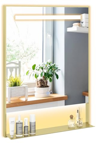 RELAX4LIFE Miroir LED Salle de Bain avec Étagère, Miroir Lumineux Salle de Bain Anti-buée, Lumière Réglable 3000K-6000K, Cadre en Aluminium, Contrôle Tactile (80x60 cm,Doré)