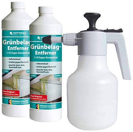 HOTREGA Grünbelagentferner 1:10 Super-Konzentrat 2x 1 Liter | Entfernt Algen effektiv von Stein Holz Kunststoff und Keramik | inkl. Druckspritze