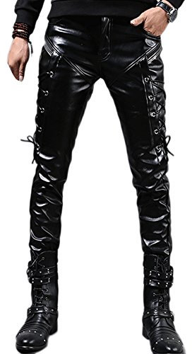 Idopy Herren Rock Steampunk Lace Up PU Leder Hosen Slim Fit, Schwarz, W32(Taille 82CM)