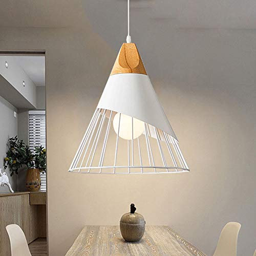 Vintage Pendelleuchte,Retro Landhausstil Weiß Hängelampe Drahtkäfig Cage,Deckenleuchte hängend aus Eisen und Holz,Wohnzimmer Esszimmer Esstisch Landhaus Schlafzimmer(E27 Glühbirne nicht enthalten)