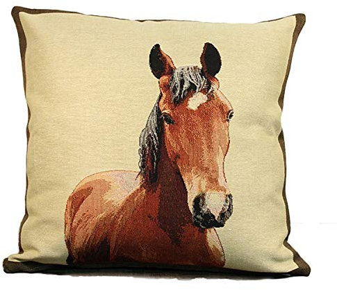 SP S.a.s. Kissenbezug mit Reißverschluss aus Jacquard Baumwollmischgewebe Design Tema Cavalli und Equitation. Frontpferd in braun mit beigefarbenem Boden. Made in Italy (35 x 35 cm)