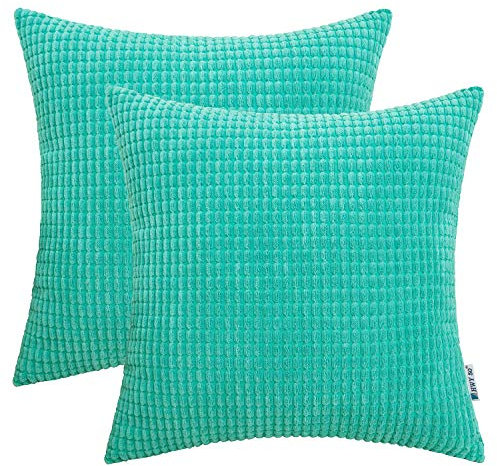 HWY 50 Cord Kissenbezüge 50x50 cm 2er Set türkis mit 3D Maisrelief texturiert, weiche körnige dekorative Sofakissenbezüge für Sofa Couch Wohnzimmer Bett