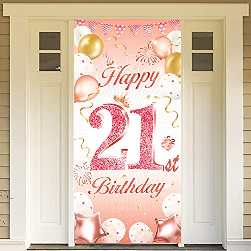DPKOW Rose Gold 21st Party Decoration, Rose Gold Birthday Banner, Background for Door, Wall and Garden, 185 x 90cm Fabric